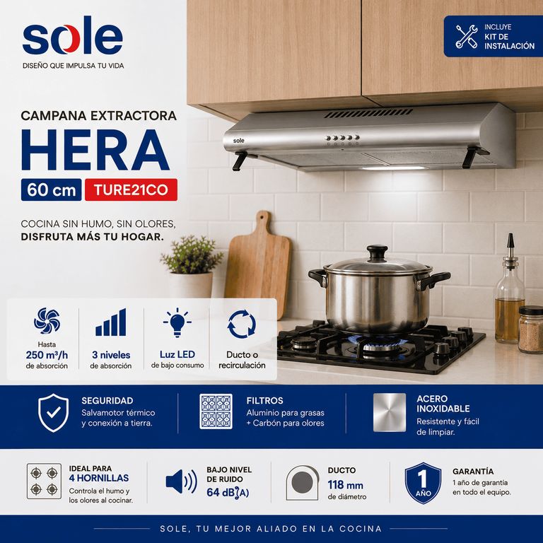 Campana Extractora Hera 60 cm TURE21CO 3 Niveles Acero Inoxidable