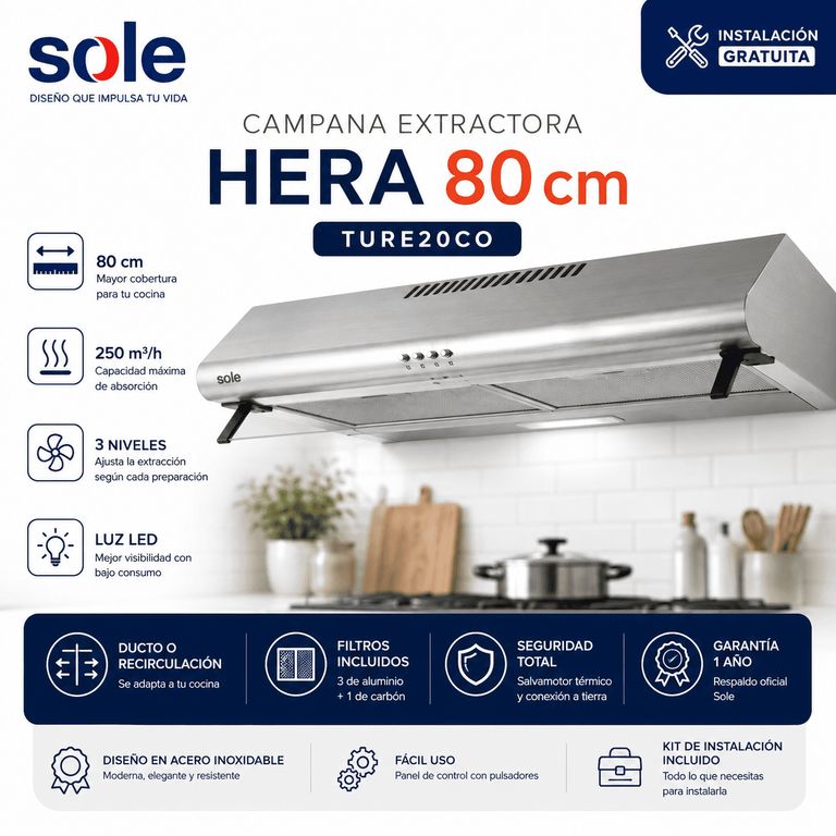 Campana Extractora Hera 80 cm TURE20CO 3 Niveles y Luz LED