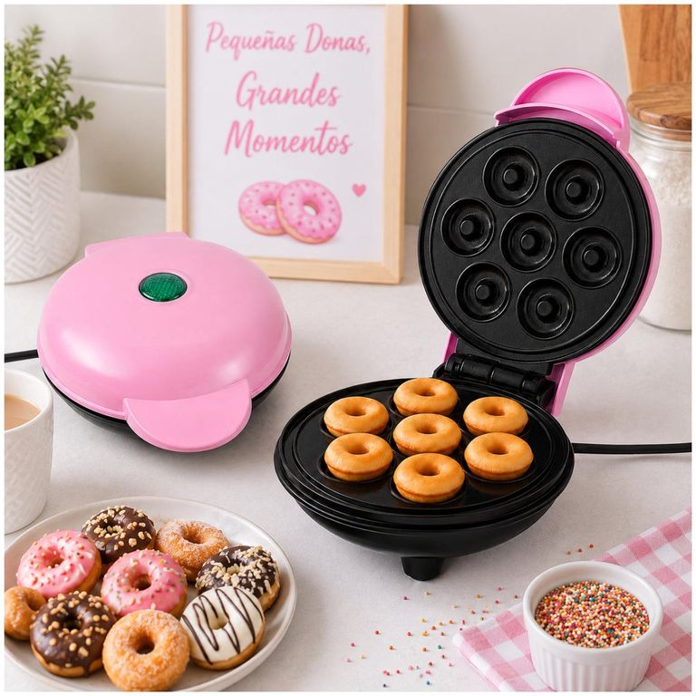 Mini Wafflera Para 7 Mini Donas Antiadherente Eléctrica Portátil de 350W - Rosa - M