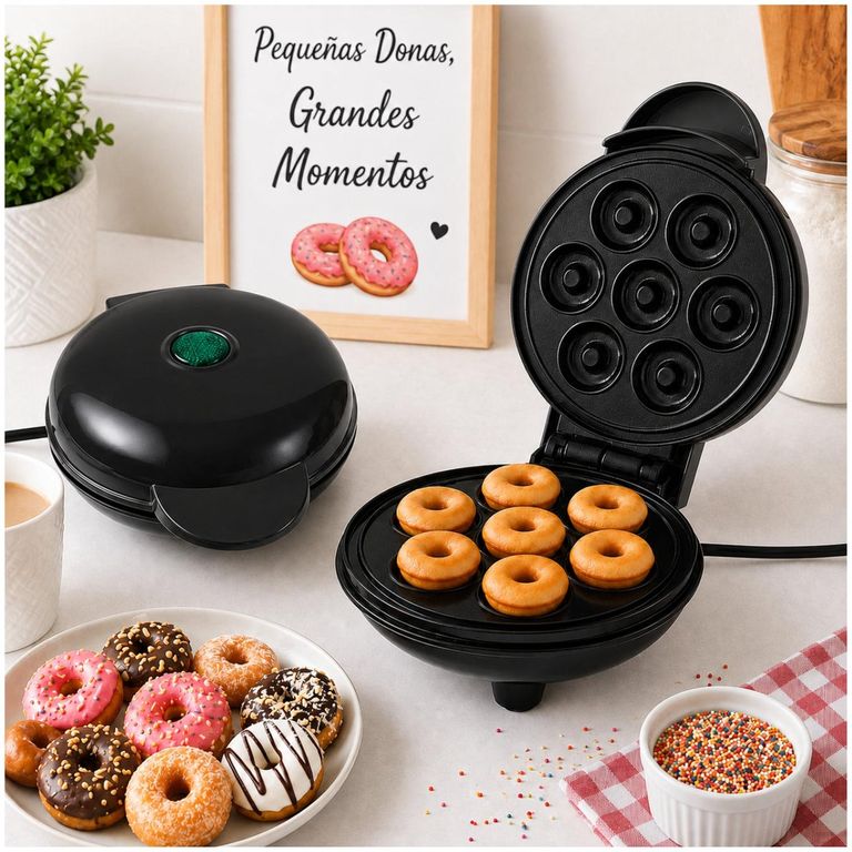 Mini Wafflera Para 7 Mini Donas Antiadherente Eléctrica Portátil de 350W - Negro - M