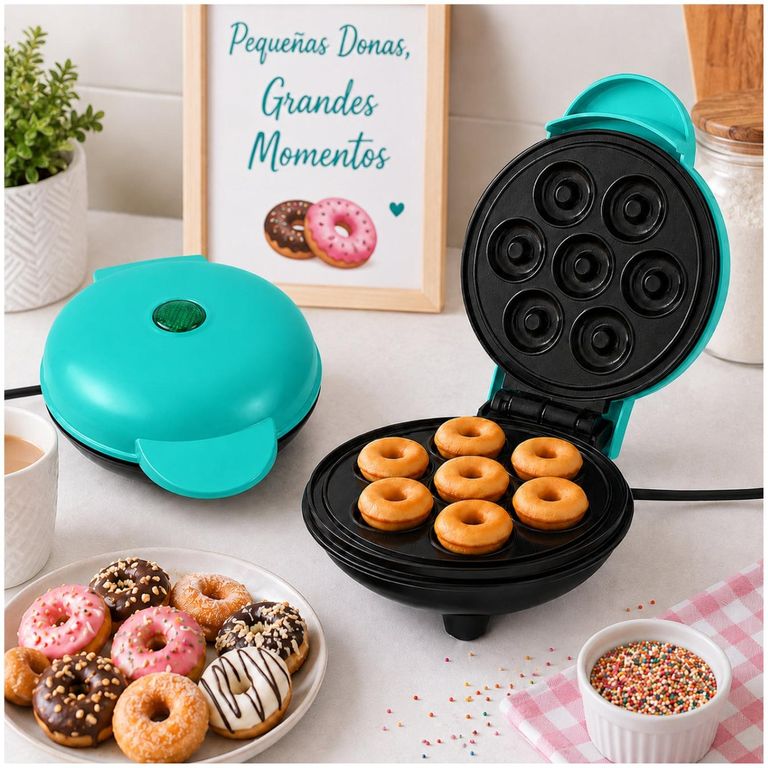 Mini Wafflera Para 7 Mini Donas Antiadherente Eléctrica Portátil de 350W - Verde claro - M