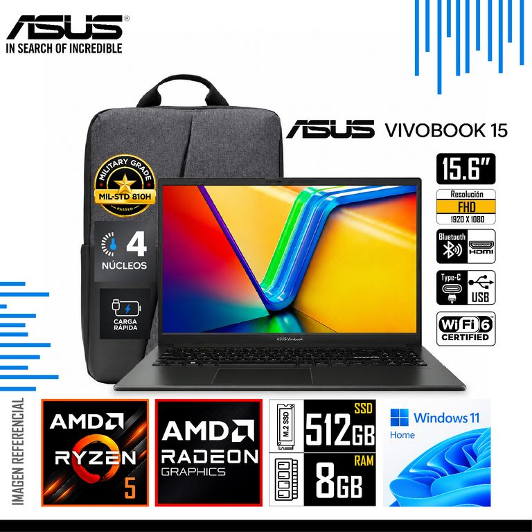 Laptop Vivobook 15 15.6" FHD AMD Ryzen 5 8GB RAM 512GB SSD E1504FA-BQ2933W + Mochila