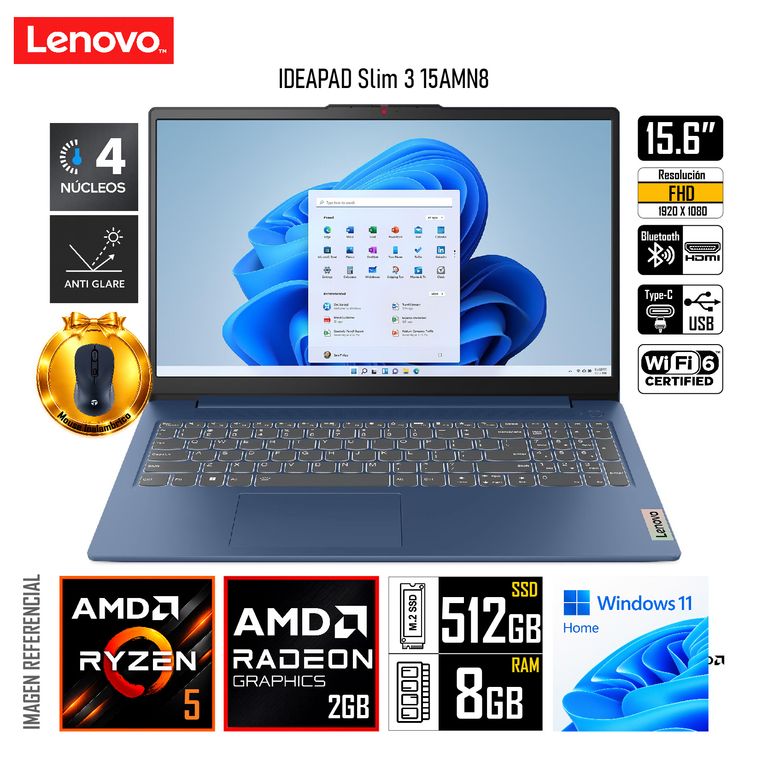 Laptop IdeaPad Slim 3 15AMN8 Ryzen 5 8GB RAM 512GB SSD 15.6" FHD Teclado Inglés 82XQ012HUS