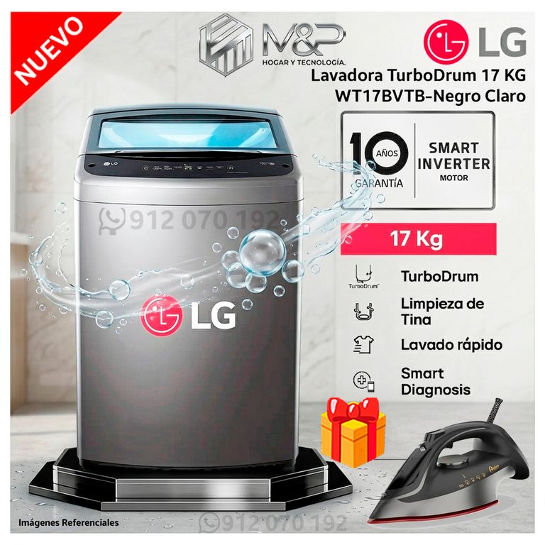 Lavadora 17 Kg WT17BVTB Carga Superior Negro Claro - Modelo Nuevo + Plancha