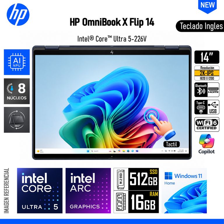 Laptop OmniBook X Flip 14 2 en 1 Intel Core Ultra 5 226V 16GB RAM 512GB SSD 14" Touch Windows 11