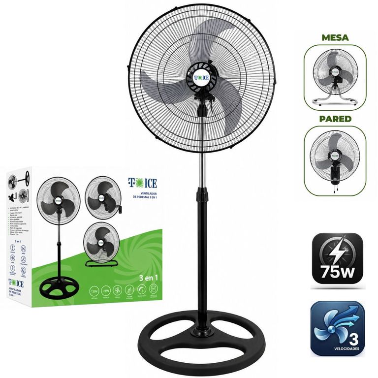 Ventilador T-ICE 75 Watts, 3 ASPAS Pedestal, Mesa y Pared