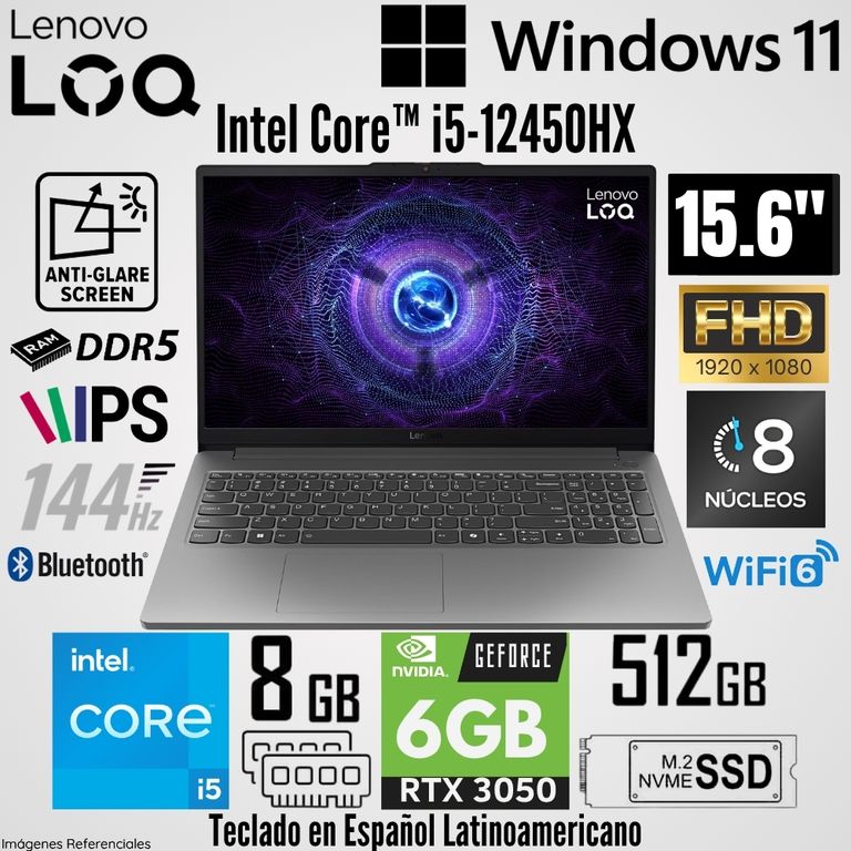 Laptop LOQ 15IAXE Intel Core i5-12450HX 8GB RAM 512GB SSD RTX 3050-6GB 15.6" FHD 144 Hz