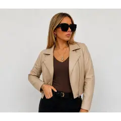 GENERICO - CASACA CUERINA MUJER BIKER BEIGE