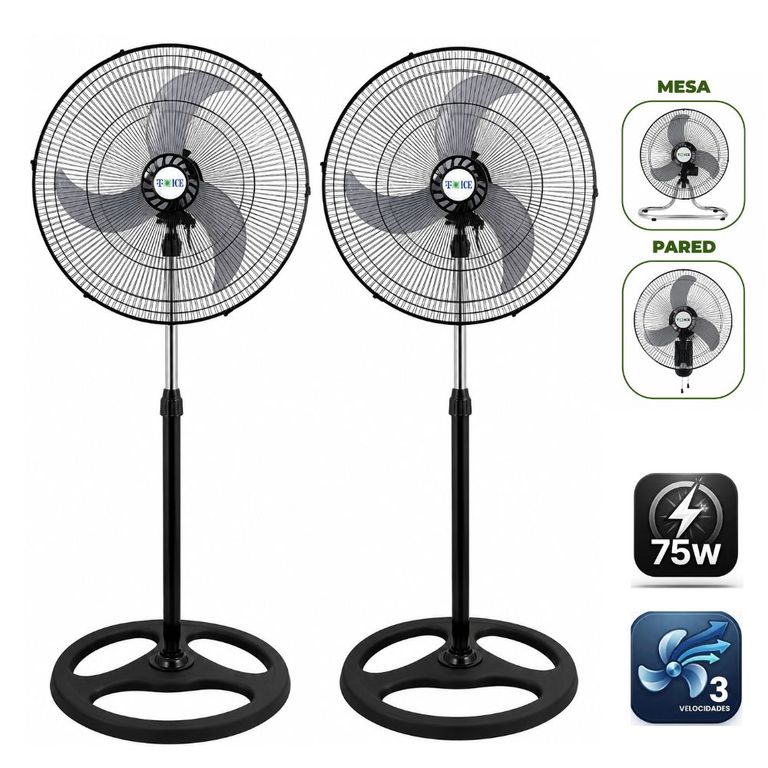 Pack 02 Ventiladores T-ICE 75 Watts, 3 ASPAS Pedestal, Mesa y Pared