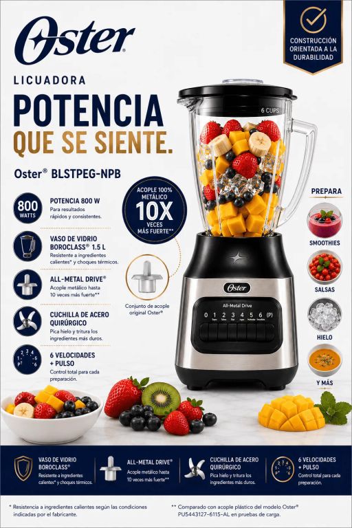 Licuadora 800 W con Vaso de Vidrio 1.5 L, 6 Velocidades + Pulso BLSTPEG-NPB