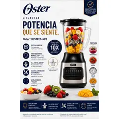 OSTER - Licuadora 800 W con Vaso de Vidrio 1.5 L, 6 Velocidades + Pulso BLSTPEG-NPB