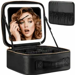 GENERICO - Neceser Maquillaje con Espejo LED Organizador Cosméticos Portátil Luz Regulable y Batería Color Negro