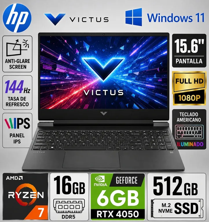 Laptop Gaming Victus 15-FB3093DX - AMD RYZEN 7 7445HS 16GB 512GB RTX 4050 6GB 15.6″ FHD 144Hz W11