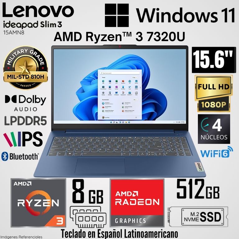 Laptop IdeaPad Slim 3 15AMN8 AMD Ryzen 3 7320U 8GB RAM 512GB SSD 15.6" FHD - Abyss Blue
