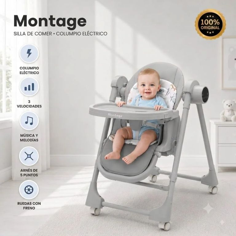 SILLA DE COMER <> MONTAGE 3 EN 1 COLUMPIO ELECTRICO GRIS