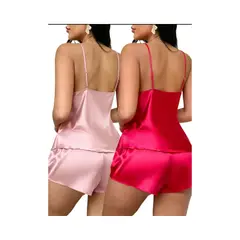 GENERICO - PIJAMA SEXY PARA MUJER 2 PIEZAS CON CUELLO DE ENCAJE COLOR ROSA