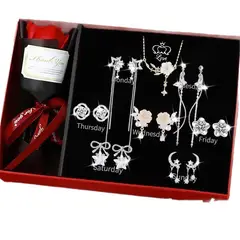 PUREPOWER - 7 Pares Juego de aretes y aros en 925 plata pura con circonita cúbica para mujeres,Con Colla