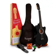 VIZCAYA - Pack Guitarra Acústica CGP BK Funda, Afinador, Correa y Accesorios