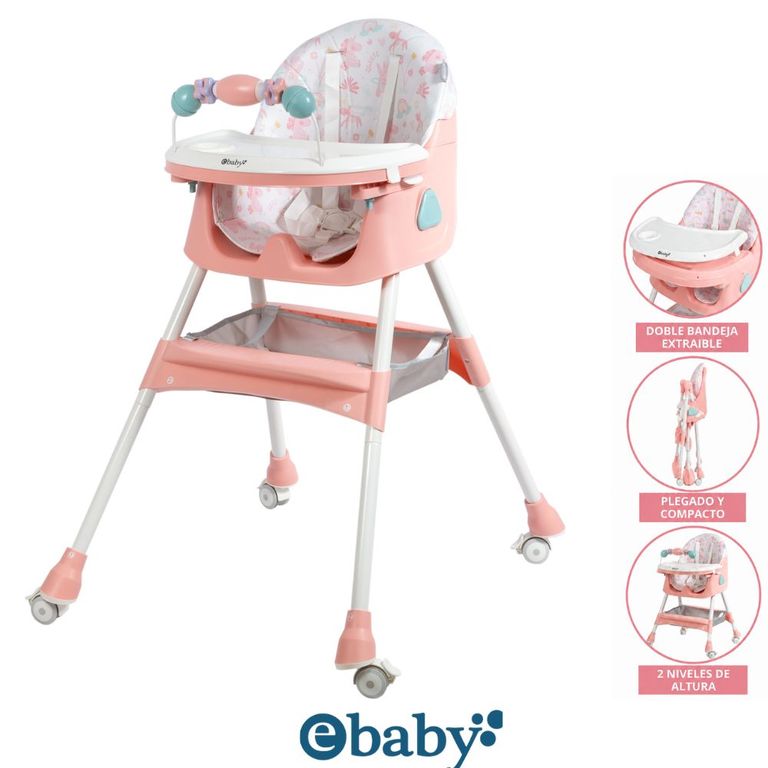 Silla de comer Lulu Rosado Con Ruedas Doble bandeja