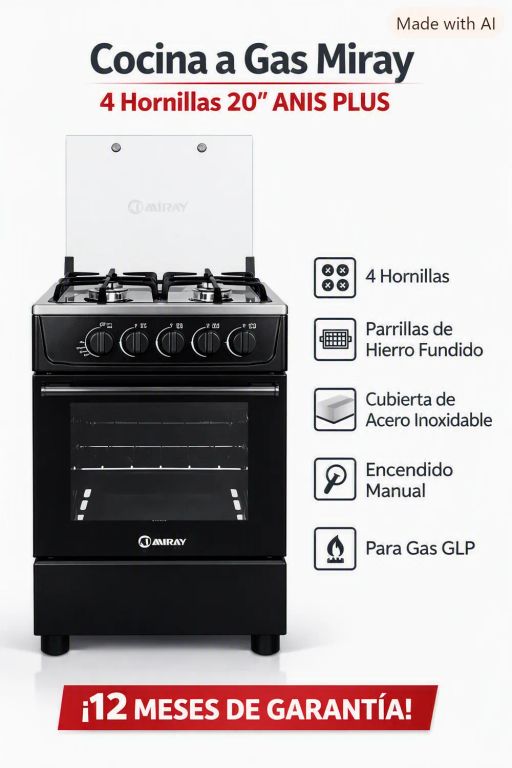 Cocina a Gas 4 Hornillas 20" 49 cm Acero Inoxidable Negro ANIS PLUS + 12 meses de Garantía