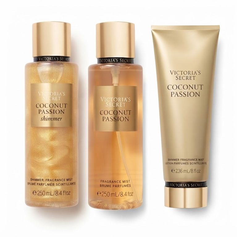 Pack x3 Coconut Passion de Victoria’s Secret Mist clásico, shimmer y crema