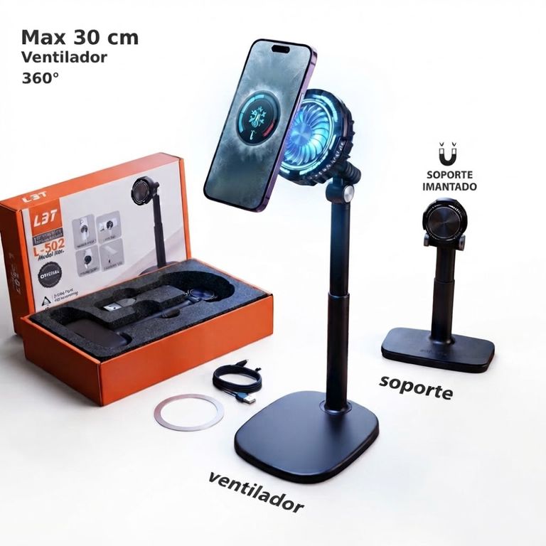 Soporte de Celular con Ventilador Enfriador Altura Ajustable 30 cm Luz RGB y Rotación 360° Negro
