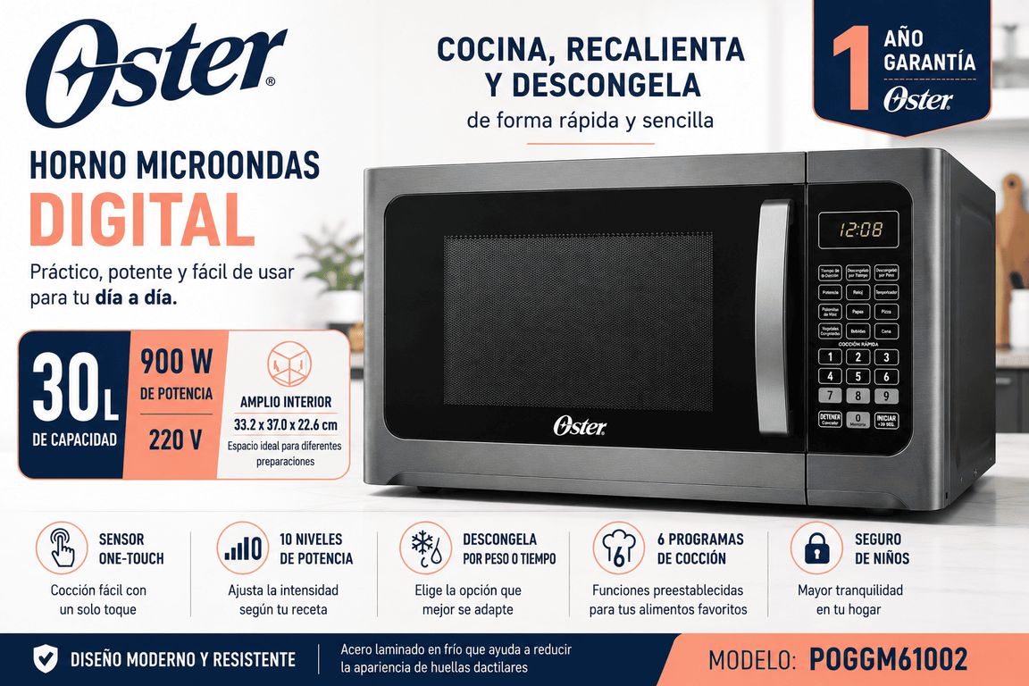 Microondas 30 Litros POGGM61002 Negro 900W 6 Programas Función Descongelar