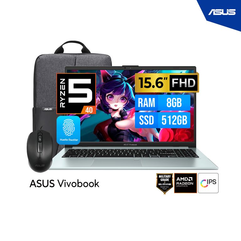LAPTOP VIVOBOOK Go 15 15.6" FHD IPS AMD Ryzen 5 40 8GB 512G SSD M.2 Mochila + Mouse FreeDOS
