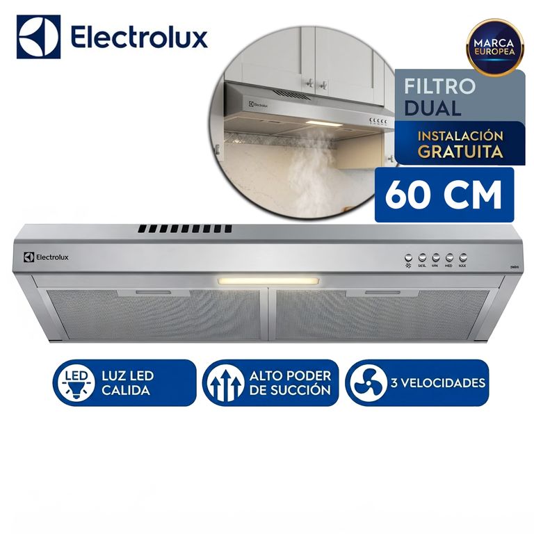 Campana Extractora 60cm Alto Poder de Succión e iluminación LED Inox DE6SS