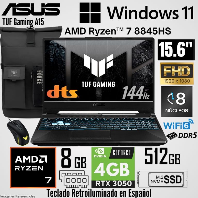Laptop TUF Gaming A15 AMD Ryzen 7 8845HS 8GB RAM 512GB SSD RTX 3050-4GB 15.6" FHD 144Hz
