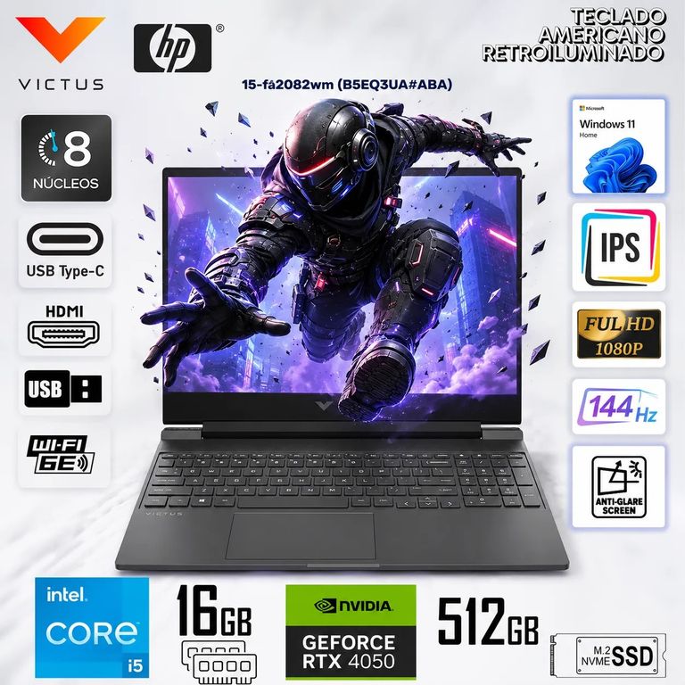 Laptop Victus Gaming Intel Core i5-13420H 16GB 512GB SSD RTX 4050 6GB 15.6" FHD 15-FA2082WM