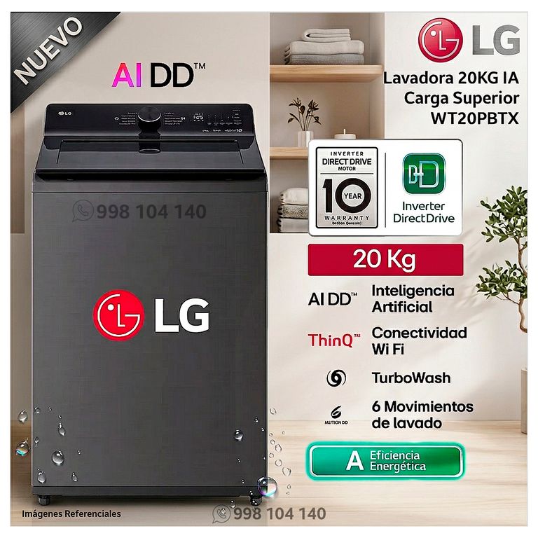 Lavadora 20 Kg IA Carga Superior WT20PBTX - Modelo Nuevo