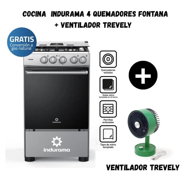COCINA A GAS DE 4 HORNILLAS FONTANA + VENTILADOR TREVELY VT-05