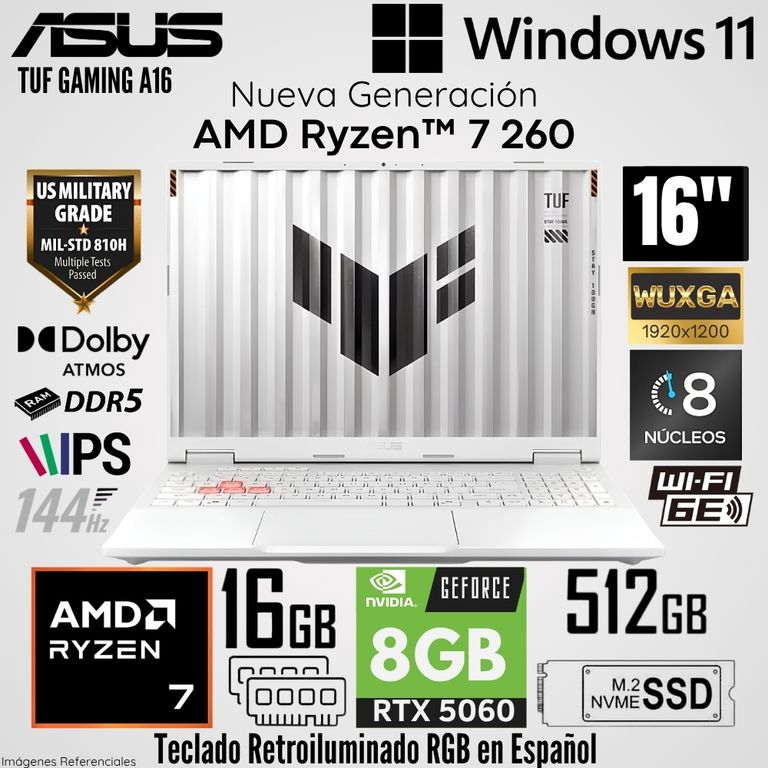Laptop TUF Gaming A16 AMD Ryzen 7 260 16GB RAM 512GB SSD RTX 5060-8GB 16" WUXGA 144Hz