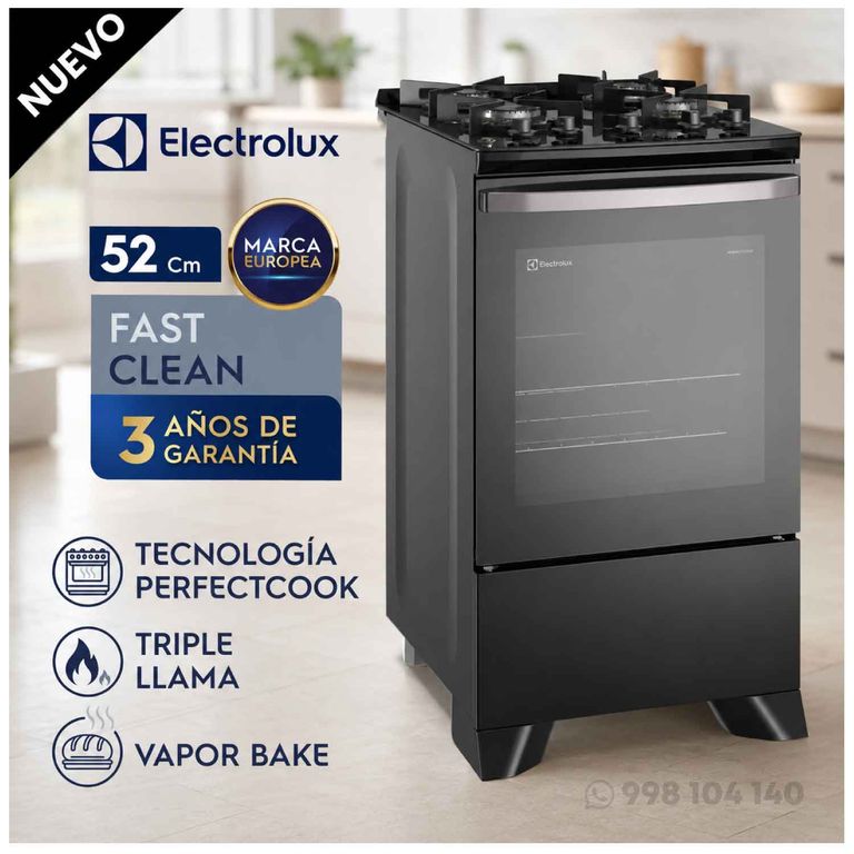Cocina FE4GP 4 Hornillas Triple Llama con Mesa de Vidrio y VaporBake - Negro