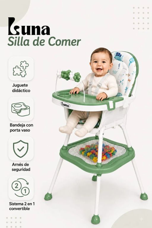 SILLA DE COMER PARA BEBE CARPETA 2 EN 1 LUNA VERDE