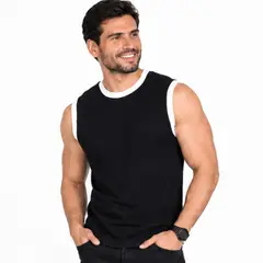 GENERICO - Polo de hombre manga cero algodón peruano - Negro rib blanco