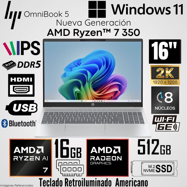 Laptop Omnibook 5 16-AG1070WM AMD Ryzen AI 7 350 16GB RAM 512GB SSD 16" 2K - Glaciar Silver