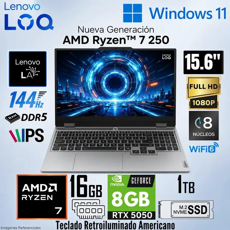 Laptop LOQ 15ARP10E AMD RYZEN 7 250 16GB RAM 512GB SSD RTX 5050-8GB 15.6" FHD 83JG0045CC