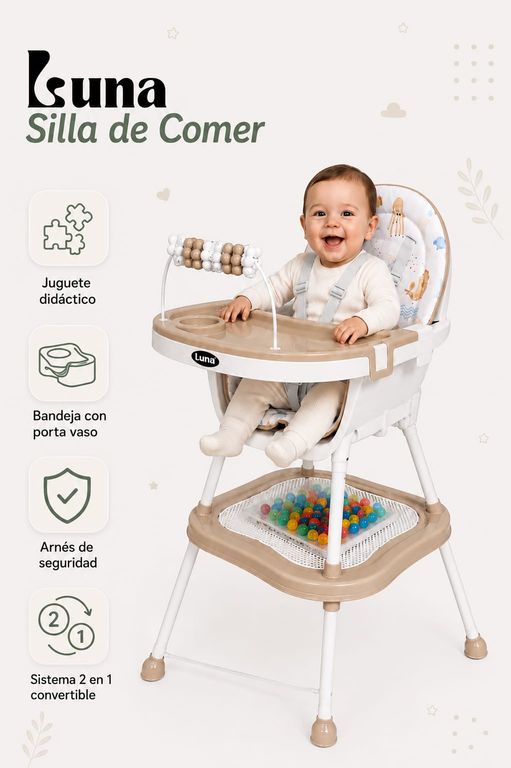 SILLA DE COMER PARA BEBE CARPETA 2 EN 1 LUNA BEIGE