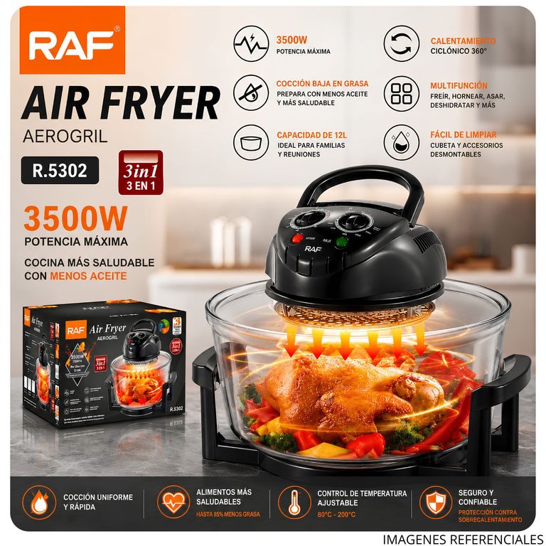 Freidora de Aire RAF R.5302 12L 1200W Multifuncional con Temporizador Negro