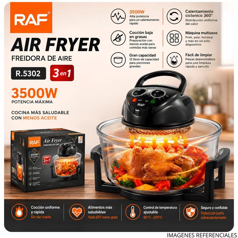 Freidora de Aire RAF R.5302 12L 1200W Multifuncional con Temporizador Negro