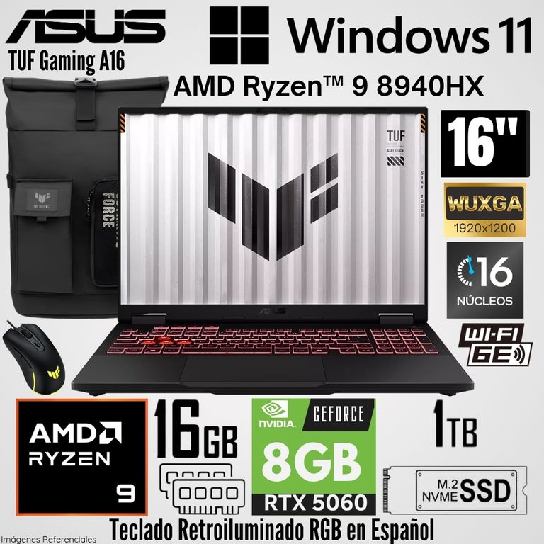 Laptop TUF Gaming A16 AMD Ryzen 9 8940HX 16GB RAM 1TB SSD RTX 5060-8GB 16" WUXGA 165 Hz