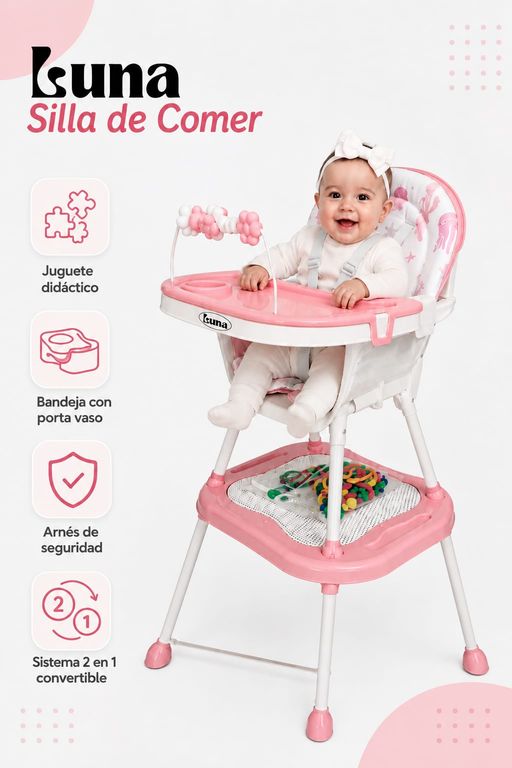 SILLA DE COMER PARA BEBE CARPETA 2 EN 1 LUNA ROSADO