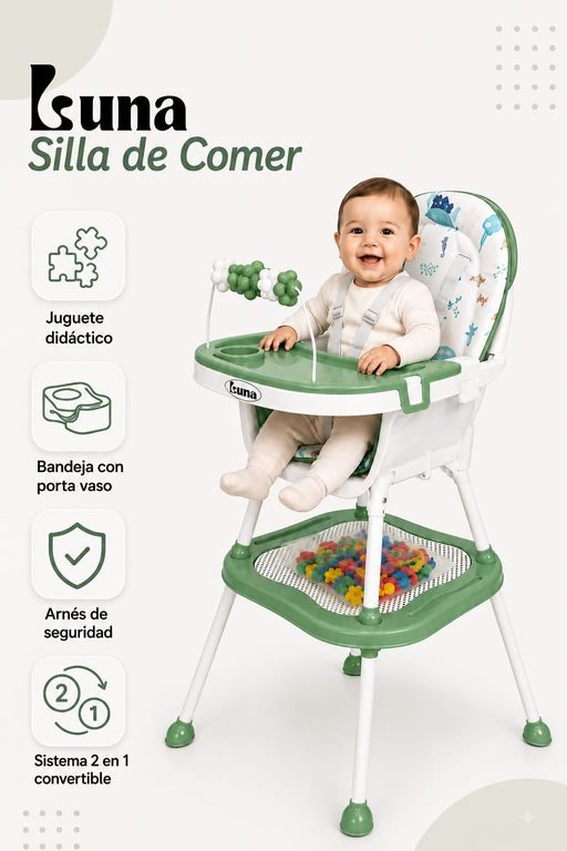 SILLA DE COMER PARA BEBE CARPETA 2 EN 1 LUNA VERDE