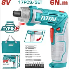 TOTAL - Atornillador Eléctrico 8V Industrial 6Nm 220RPM 17 Accesorios TSDLI0802