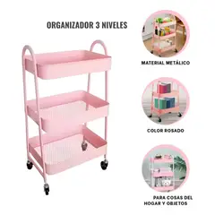 OEM - CARRITO ORGANIZADOR DE METAL CON RUEDAS DE 3 NIVELES MULTIUSO rosado