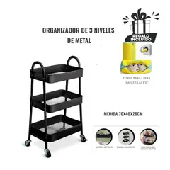 OEM - CARRITO ORGANIZADOR DE METAL CON RUEDAS DE 3 NIVELES MULTIUSO negro