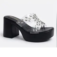 GENERICO - SANDALIA MUJER FIESTA TACO 9 PIDRAS MICA TRANSPARENTE COLOR NEGRO