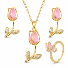 GENERICO - Set Tulipán Rosado Mujer Collar Aretes y Anillo Joyería Elegante Regalo
